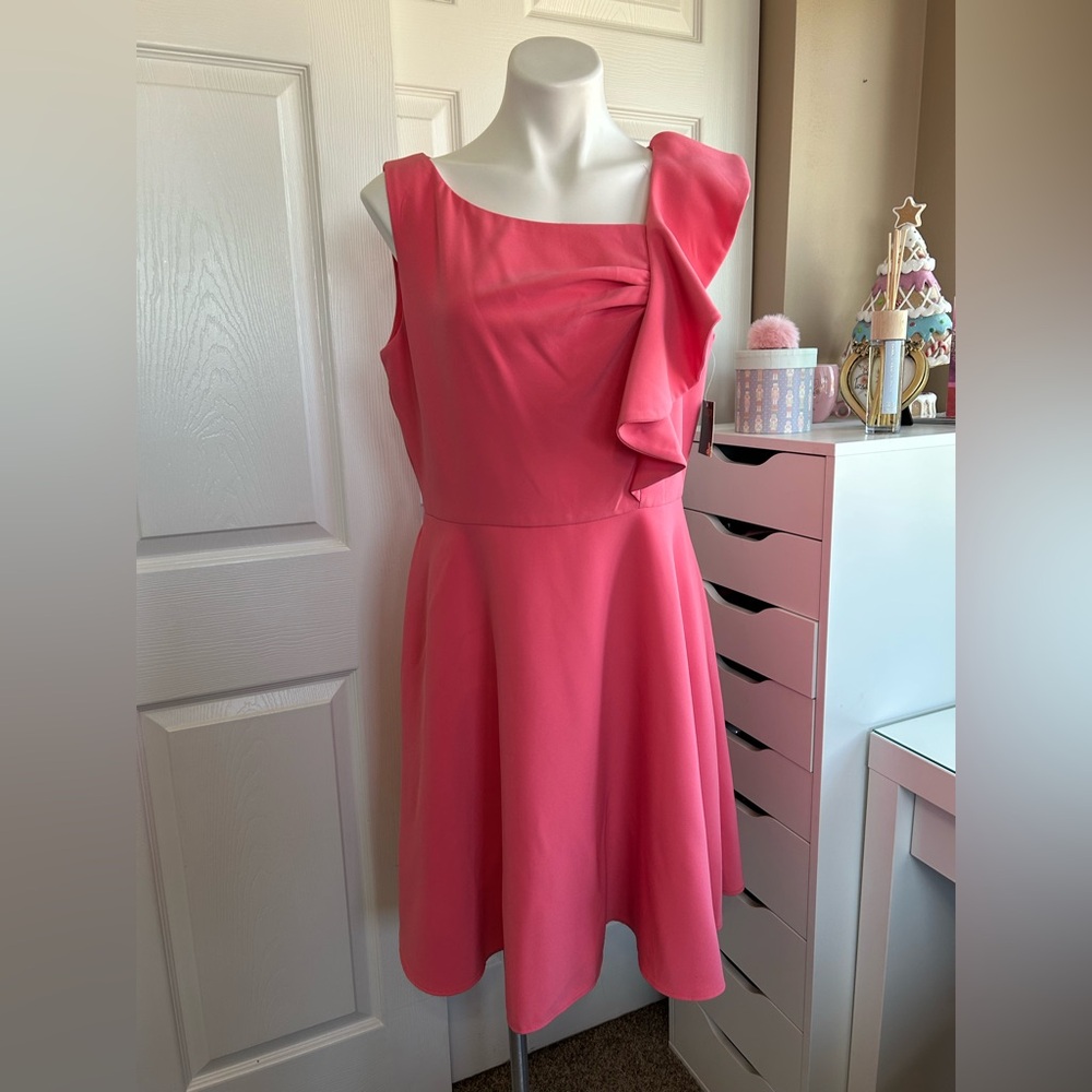 Taylor NWT Pink Coral Side Ruffle Flared Dress